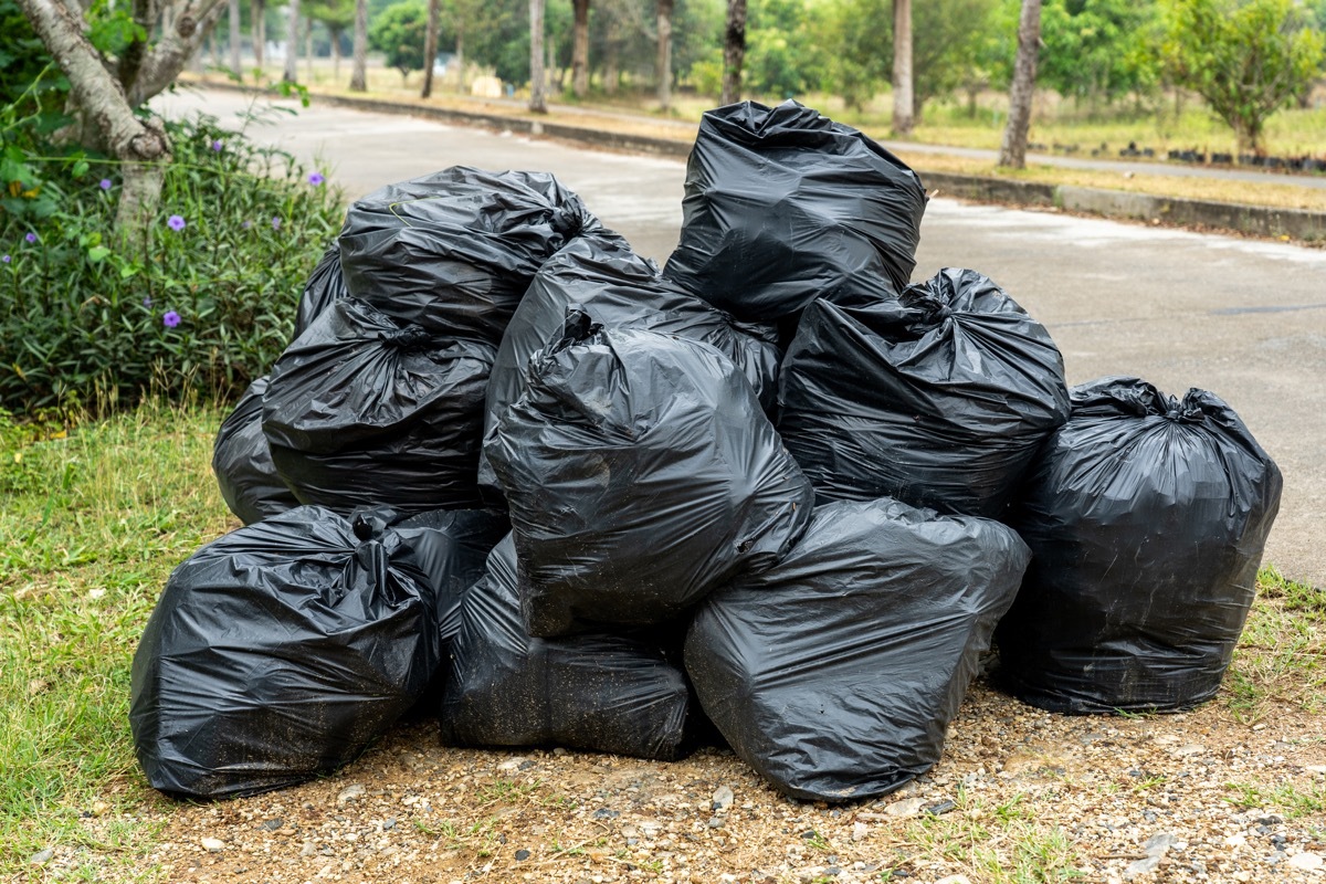 Black garbage bags on the road with green grass and plants background