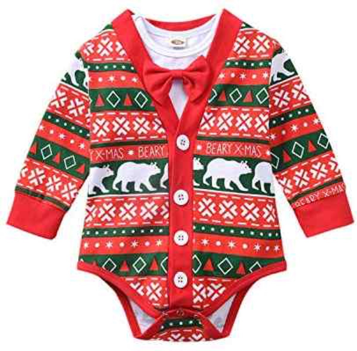 green and red christmas onesie with bears 