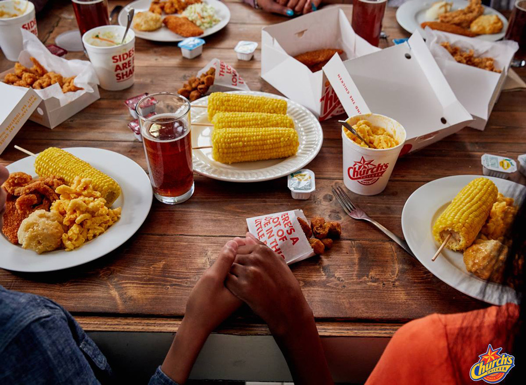 Church's chicken dinner table spread