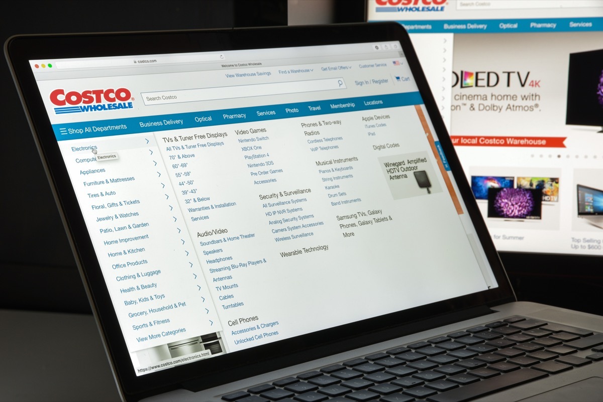 Costco.com website homepage. It is the largest American membership-only warehouse club. Costco logo visible.