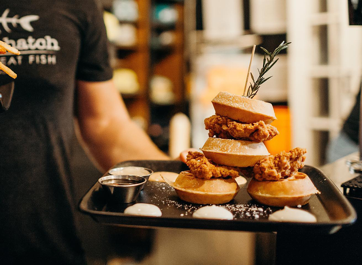 chicken and waffles minis on serving tray