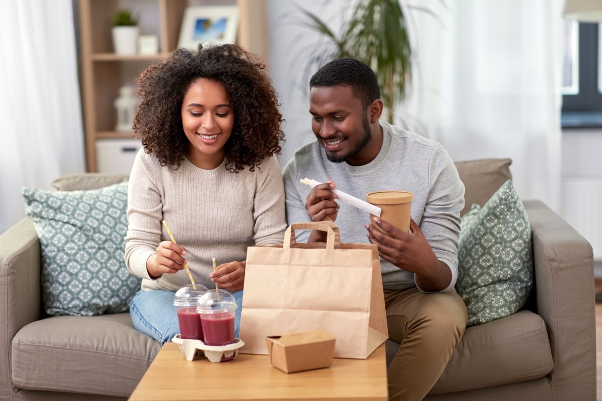 People eating delivery food