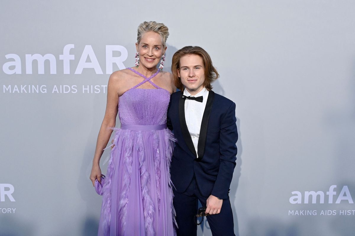 Sharon Stone (L) and her son Roan arrive on July 16, 2021 to attend the amfAR 27th Annual Cinema Against AIDS gala at the Villa Eilenroc in Cap d'Antibes, southern France, on the sidelines of the 74th Cannes Film Festival.