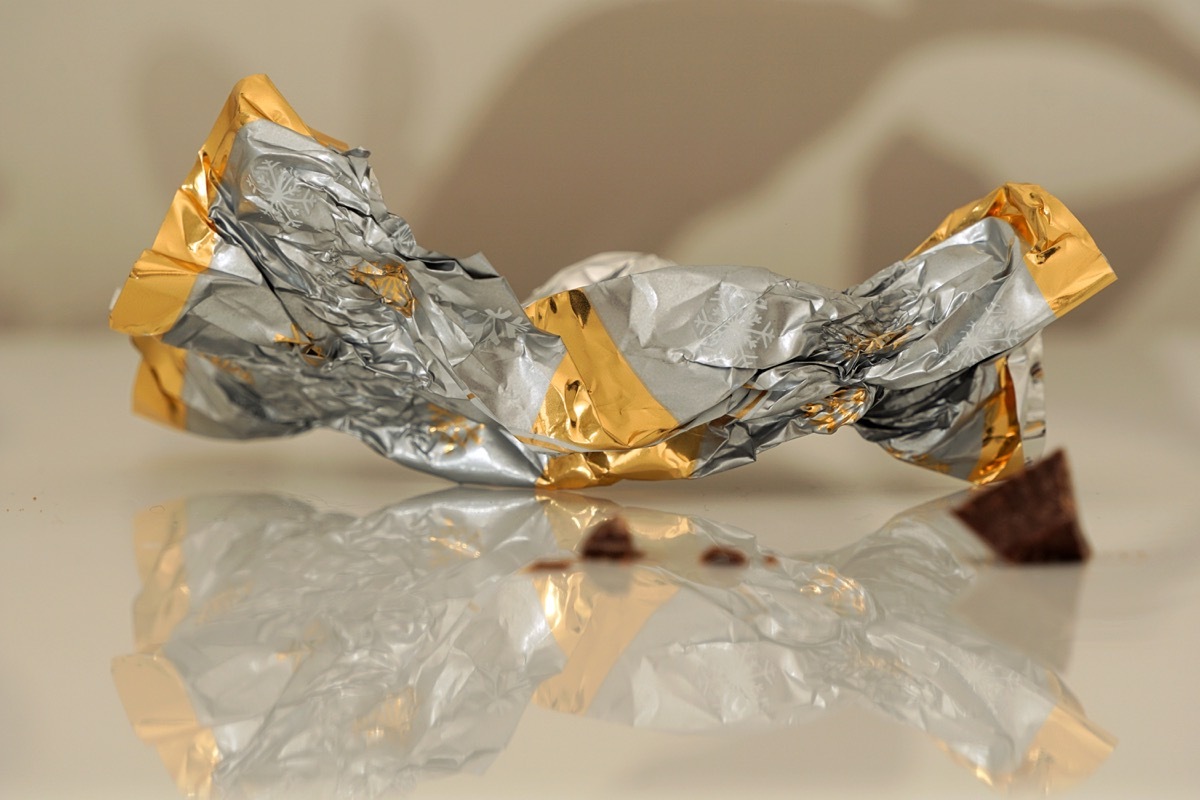 An empty candy wrapper on a table