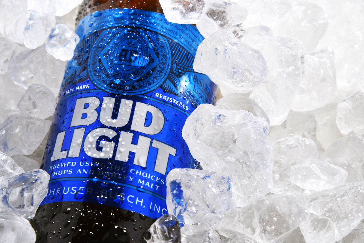 Bottle of Bud Light beer, an American light beer, produced by Anheuser-Busch, introduced in 1982.