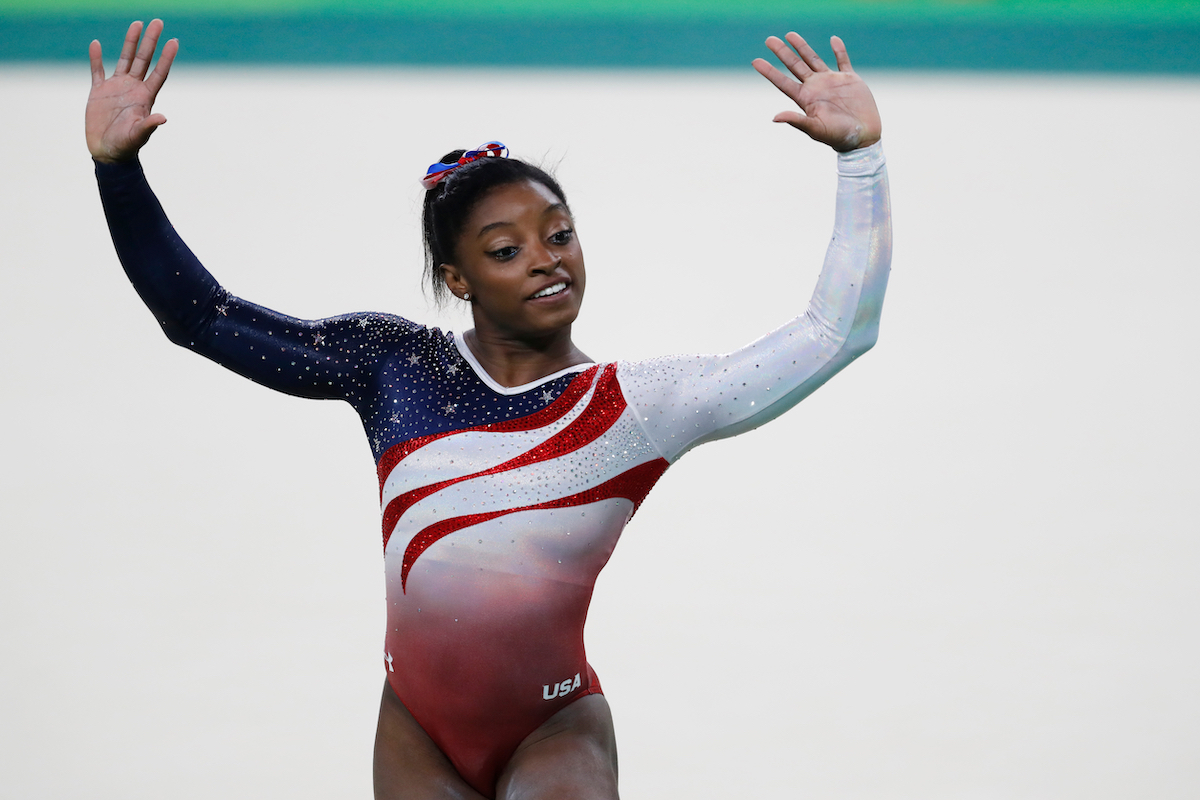 Simone Biles performing floor exercise at the 2016 Rio Olympics