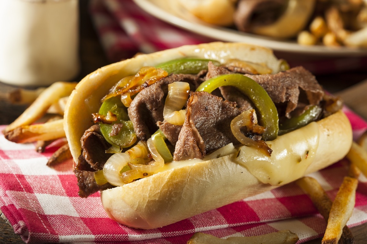 philly cheese steak, sandwich, onions and peppers