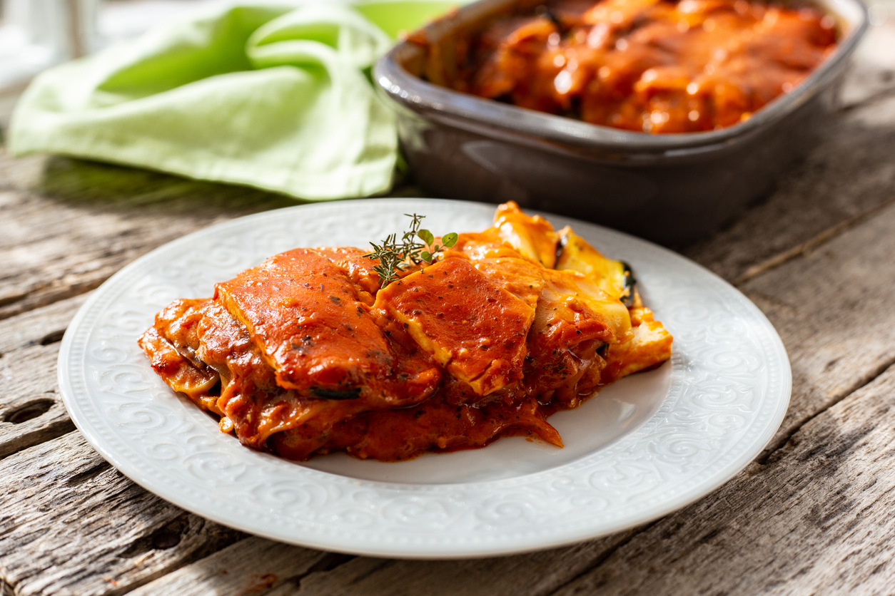 Vegetarian lasagna with feta cheese, eggplants and zucchini.