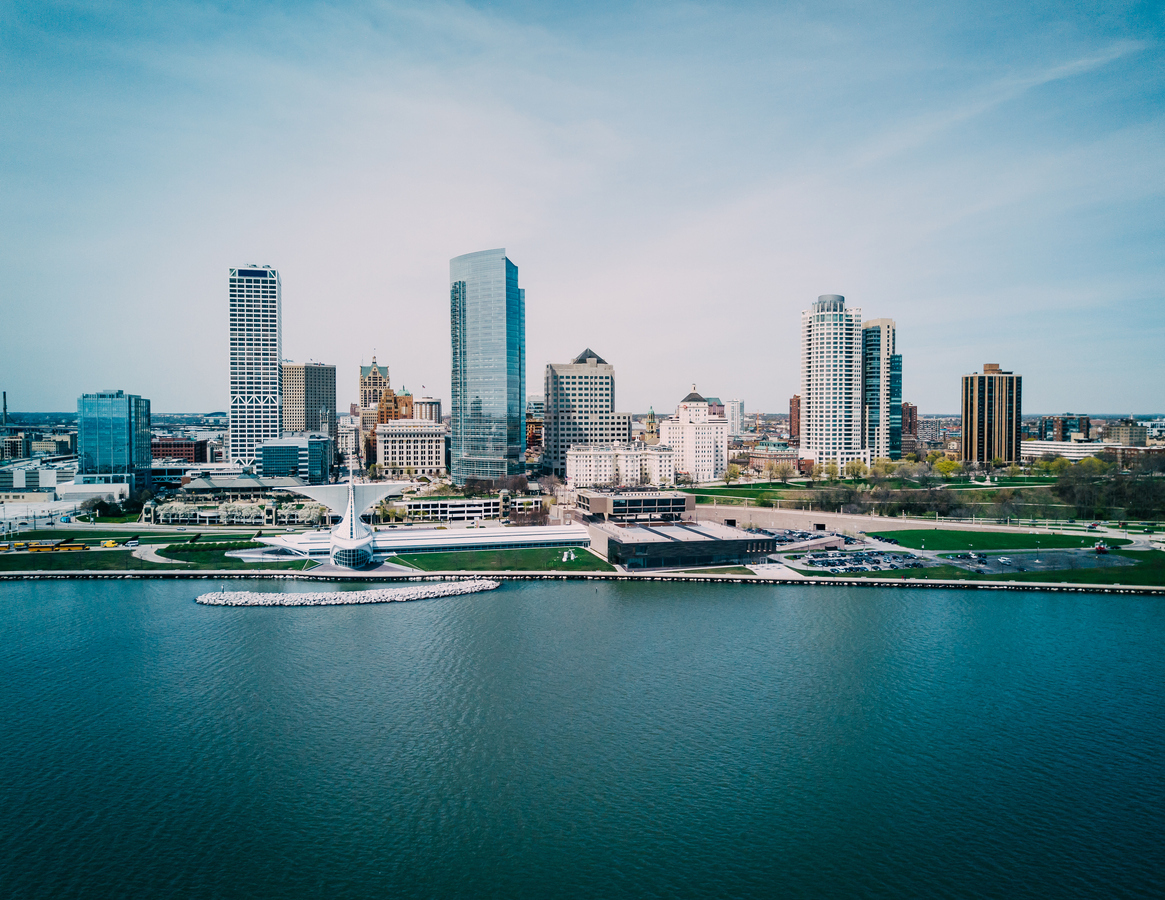 The skyline of Milwaukee, Wisconsin from the water.