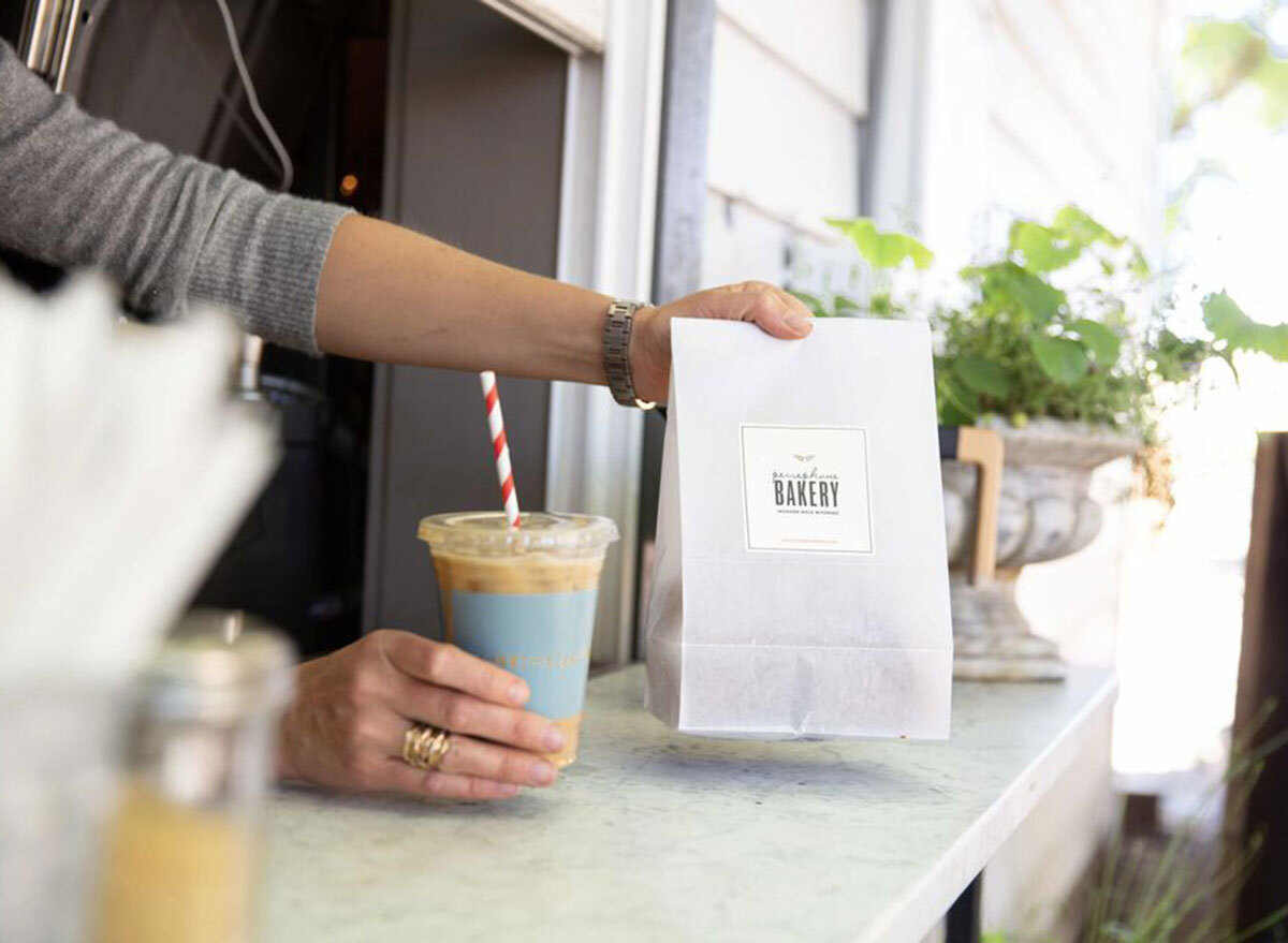 persephone bakery drive thru window with coffee pastry bag