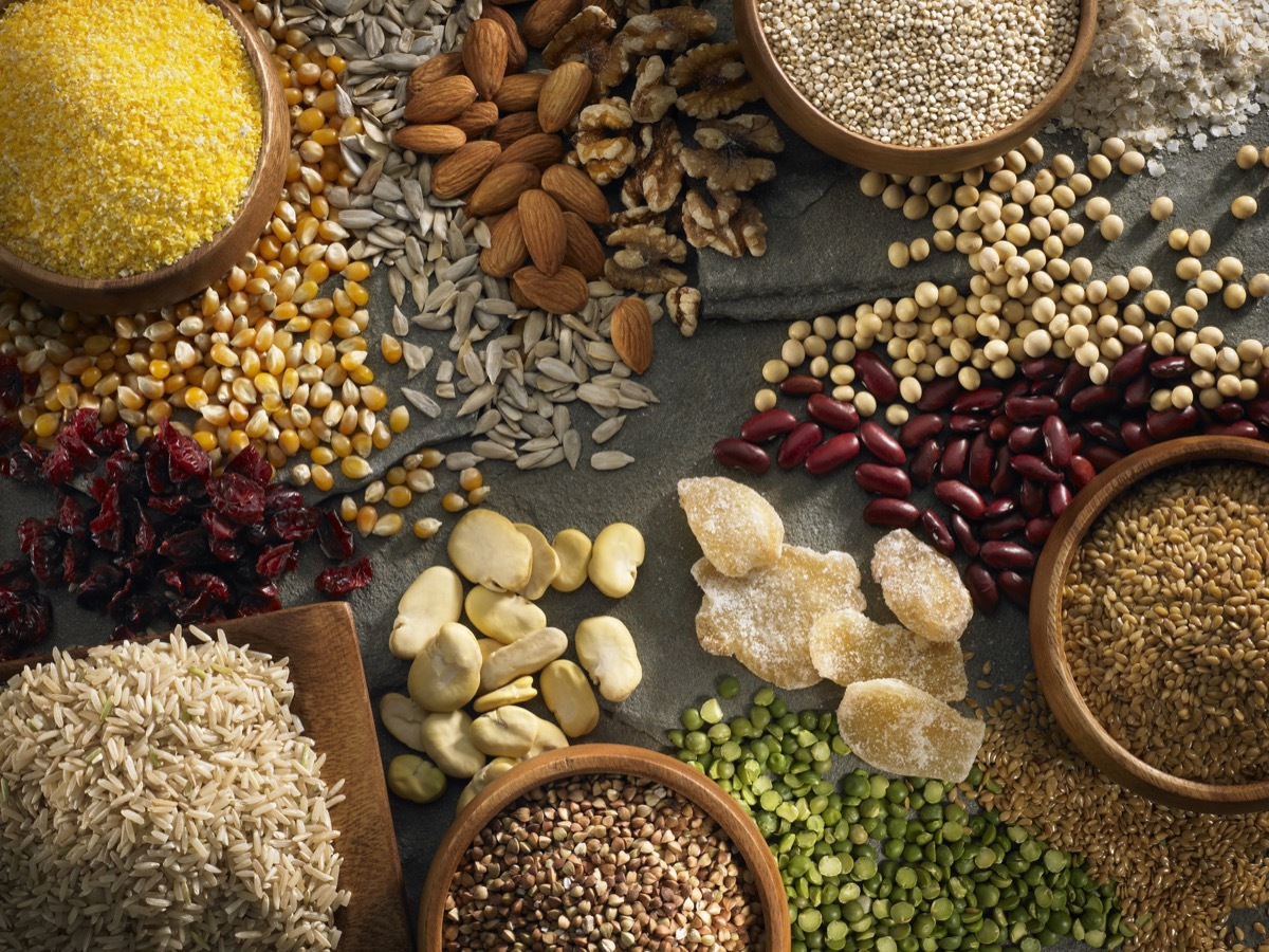 A display of various gluten free and all natural food, including legumes, nuts, rice and more.