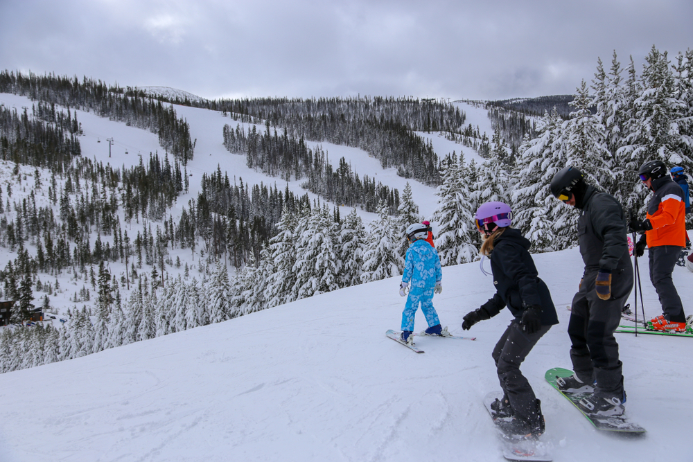 A group of skiers and snowboarders descending a trail