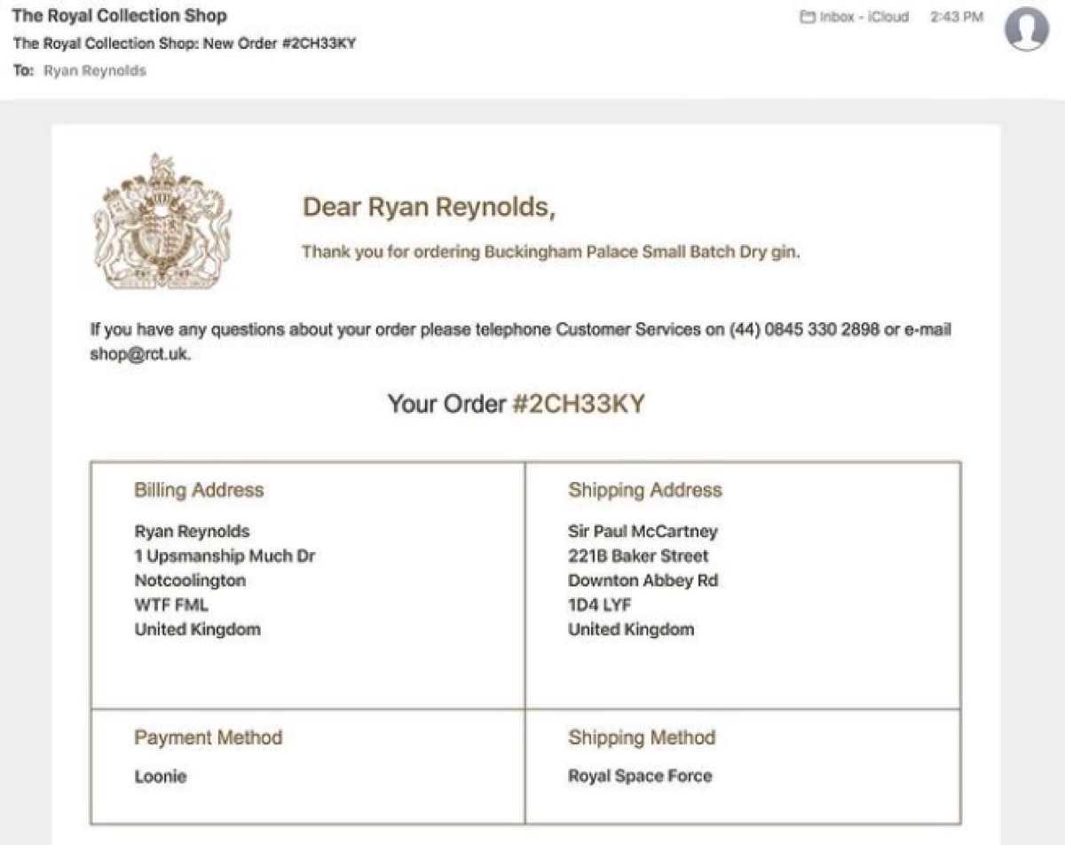 Ryan Reynolds gin order Instagram