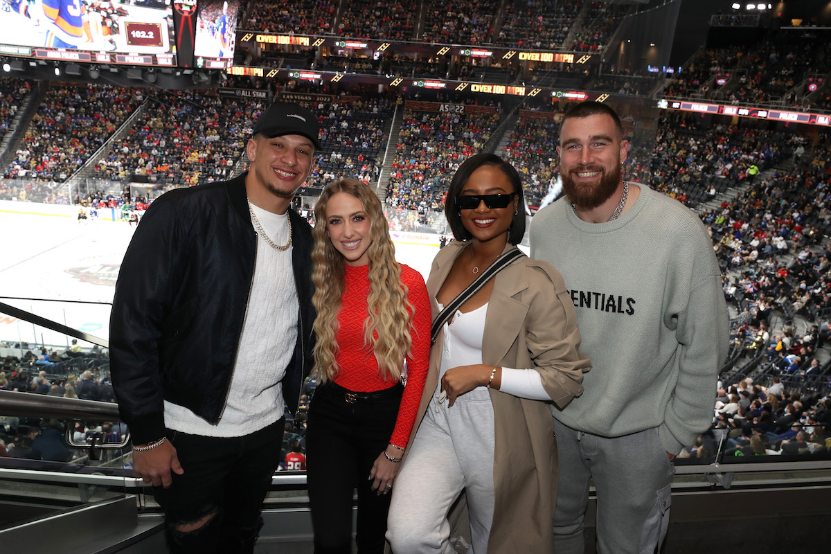 Patrick Mahomes, Brittany Mahomes, Kayla Nicole, and Travis Kelce at 2022 NHL All-Star Weekend