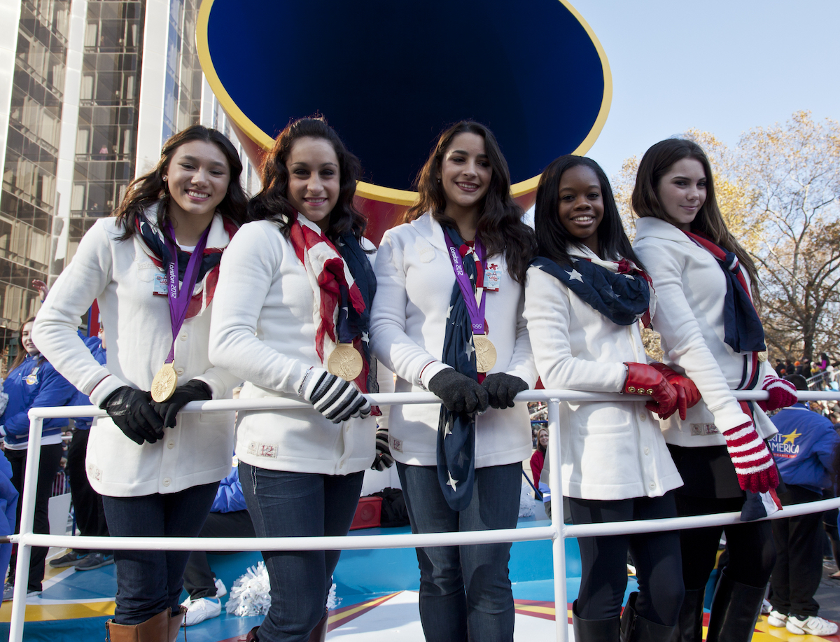 Kyla Ross, Aly Raisman, Jordyn Weiber, Gabby Douglas, McKayla Maroney at the Macy's Thanksgiving Day Parade in 2012