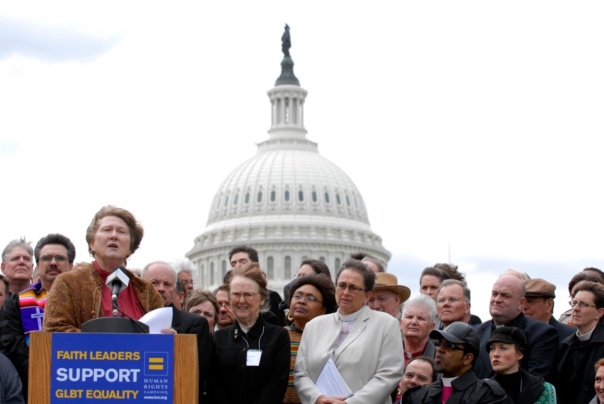 CFXK49 Apr 17, 2007 - Washington, DC, USA - Rev. ERIN SWENSON, a transgender Presbyterian minister, speaks before 220 other religious leaders from around the United States near the Capitol to express support for anti-discrimination legislation, including the Matthew Shepard hate crime bill, being considered