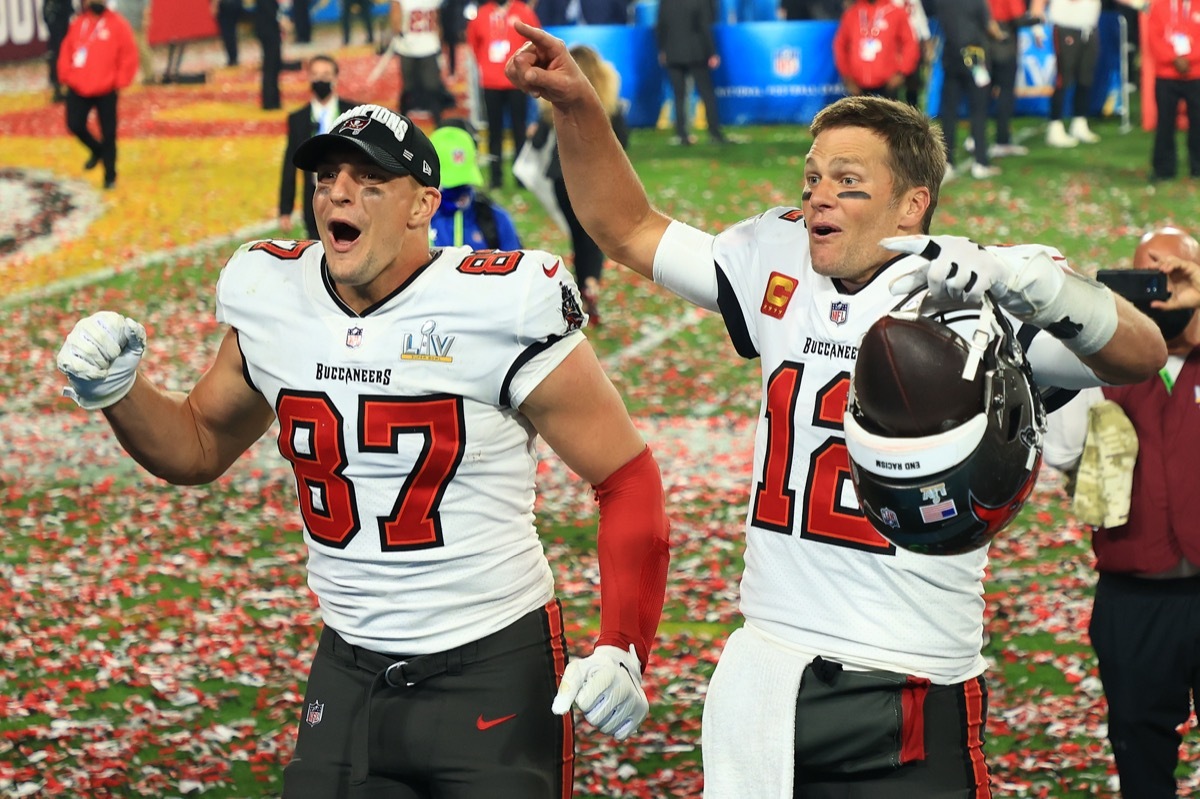 Rob Gronkowski and Tom Brady after Super Bowl LV