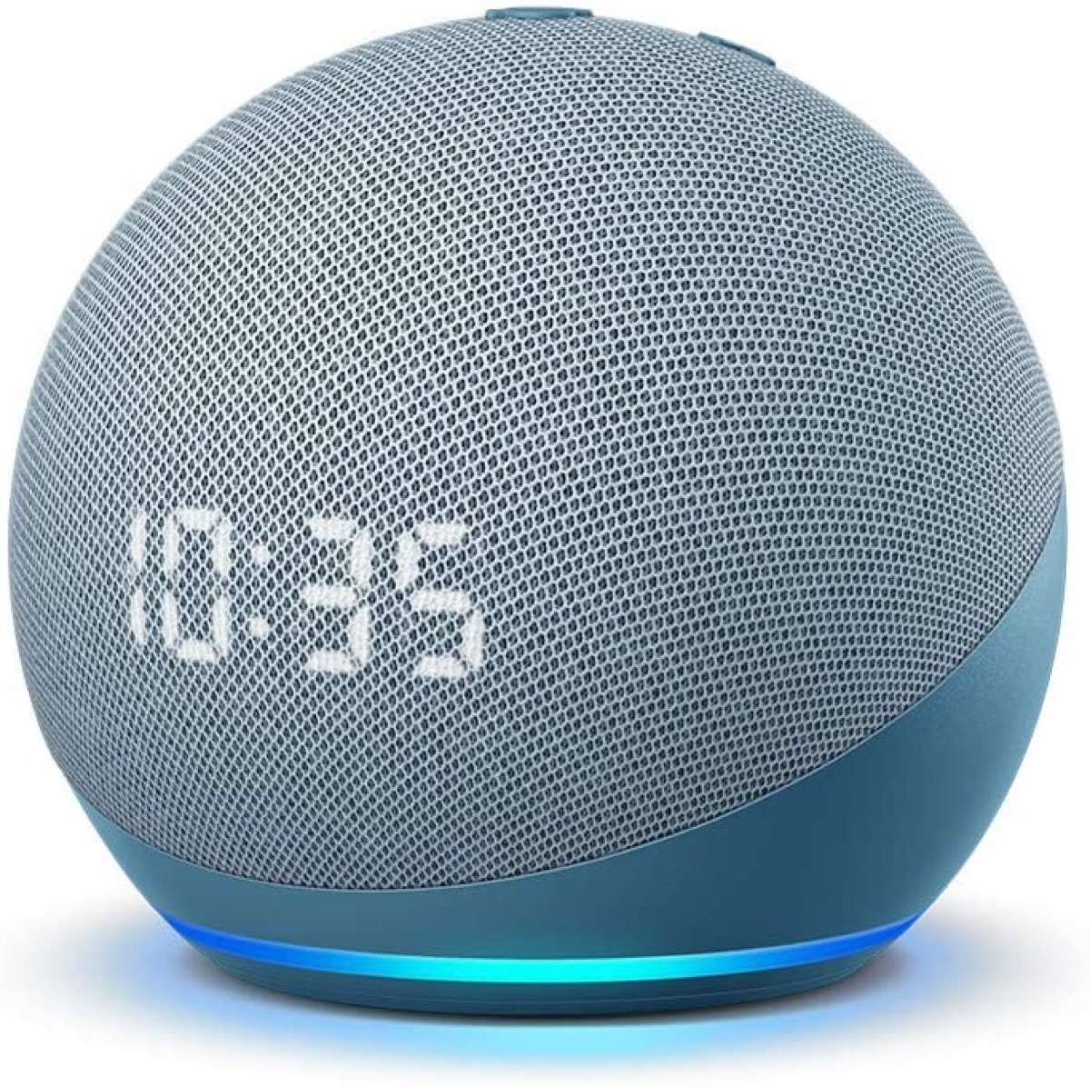 gray echo dot smart home device displaying 10:35 time