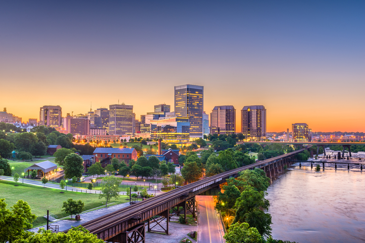 The downtown skyline of Richmond, Virginia just after sunrise