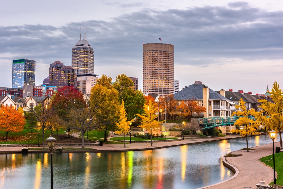 Indianapolis, Indiana, USA downtown cityscape on the White River at dusk.