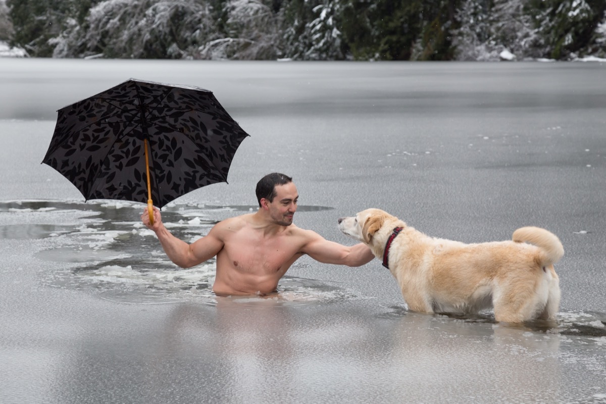 Man Drowning in a Lake While Petting a Dog Funny Stock Photos