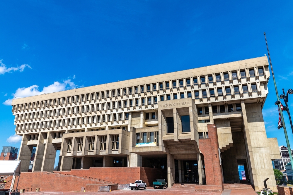 A wide angle shot of Boston City Hall