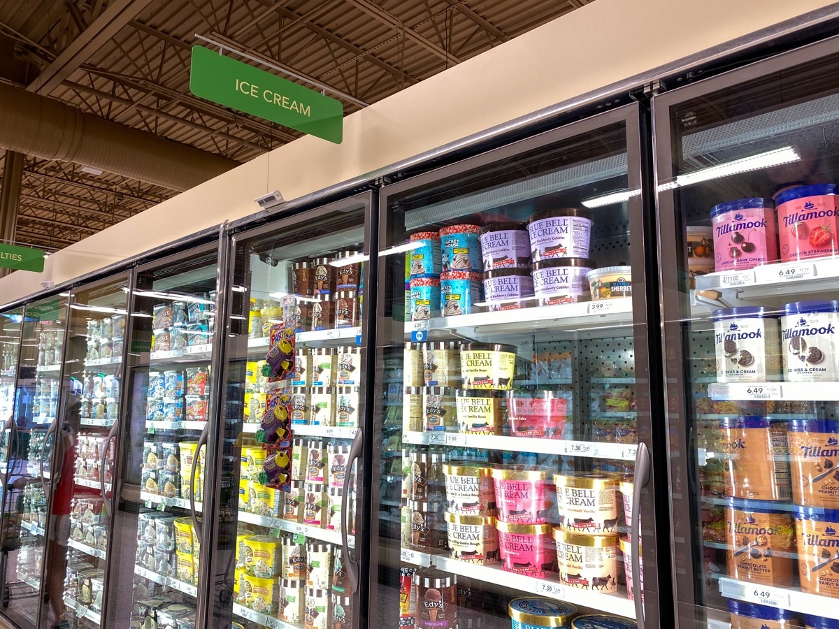 The Ice Cream section of the frozen foods aisle of a Publix grocery store where all sorts of tasty baked goods are displayed.