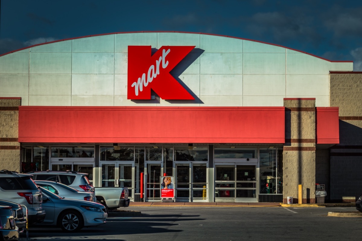 the entrance of and a parking lot in front of a Kmart in Mountville, Pennsylvania