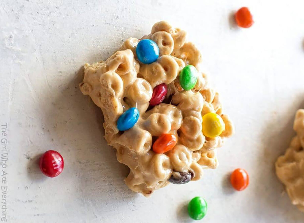 homemade rice crispy treat with cheerios and mms