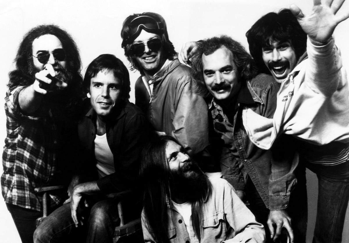 The Grateful Dead: Jerry Garcia, Bob Weir, Phill Lesh, Brent Myland, Bill Kreutzmann, Mickey Hart in the early 1980s