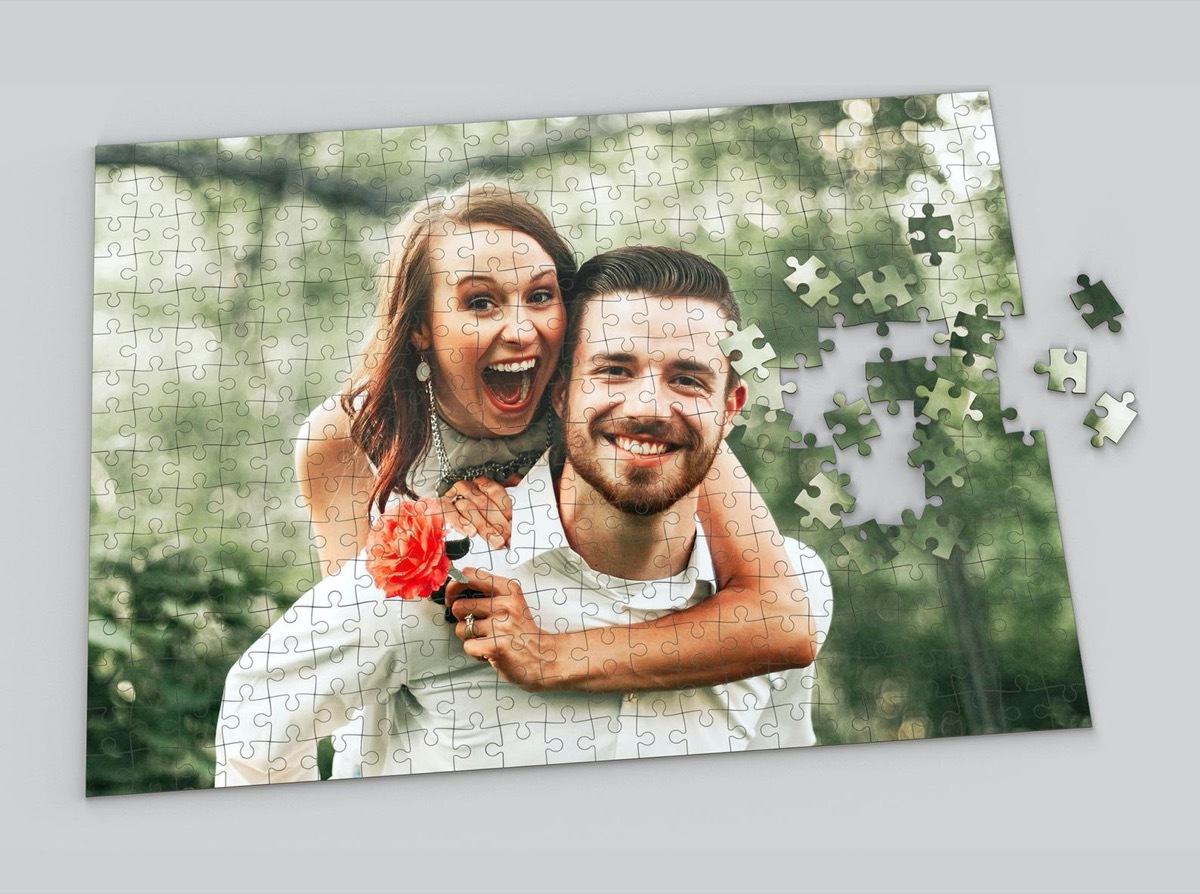 jigsaw couple with white woman riding on man's back