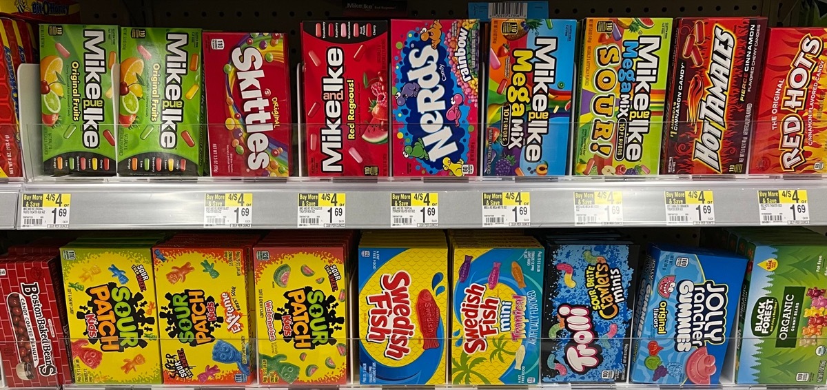 Rows of theater candy in boxes for sale at market