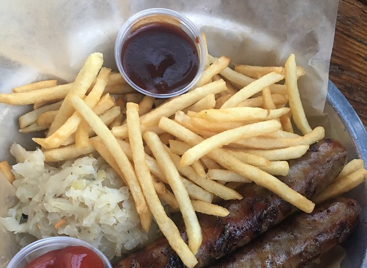 bratwurst with fries and ketchup