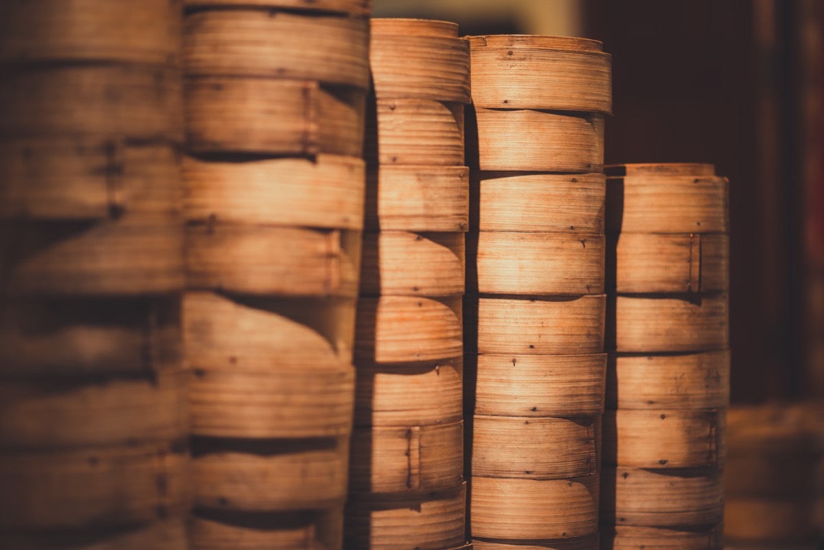 Stack of bamboo rice steamers