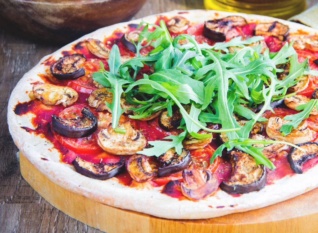 Roasted eggplant mushroom arugula pizza