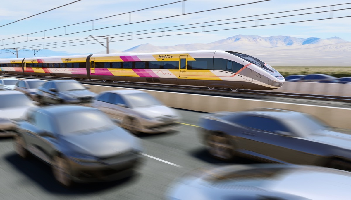 rendering of the design of a Brightline West train