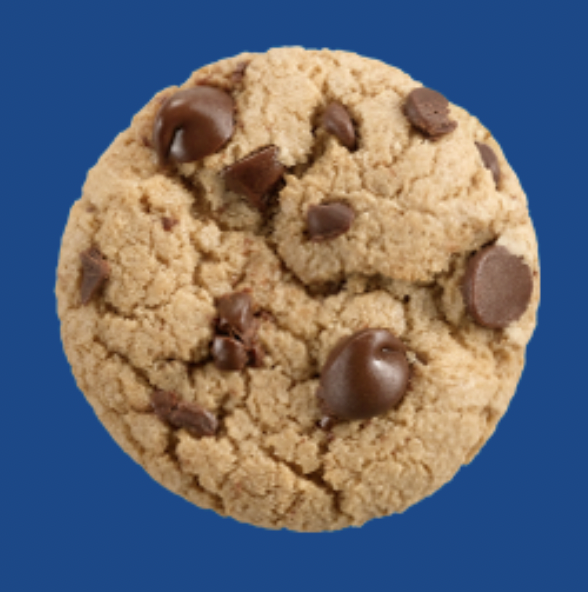 A Girl Scout Caramel Chocolate Chip cookie against a blue background