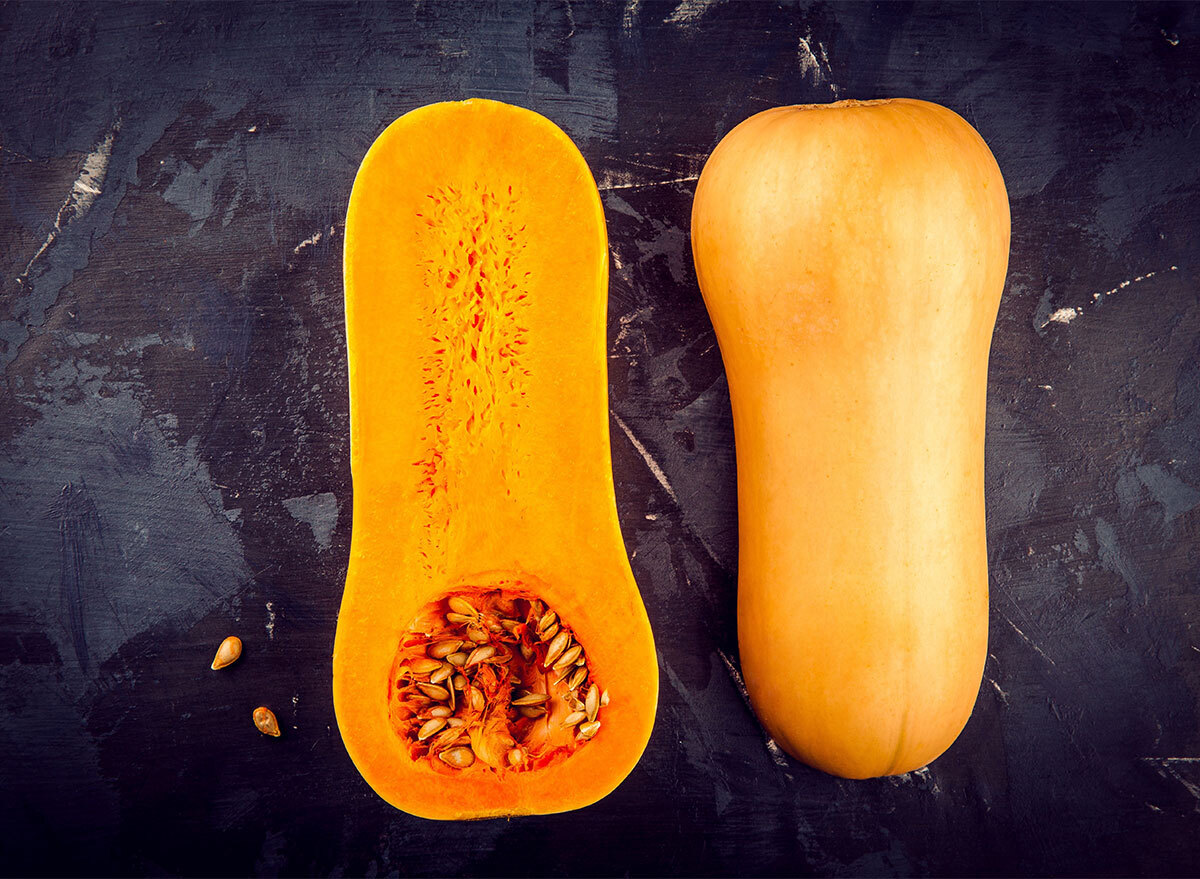 butternut squash sliced in half with seeds