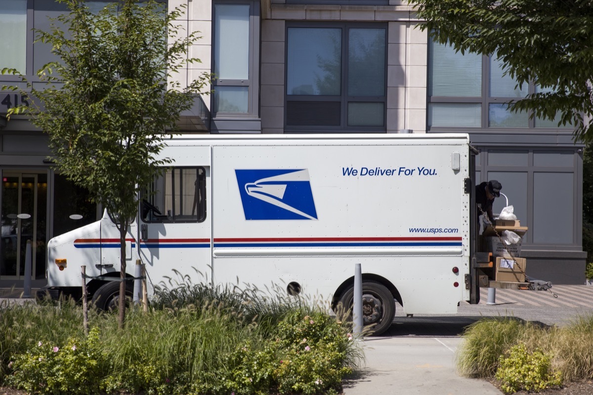 Detail of the US mail delivery truck in New York. US postal servise as independent agnecy was formed in 1971.