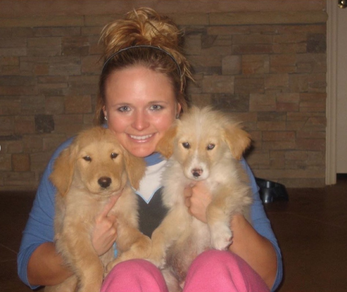 miranda lambert holding two puppies