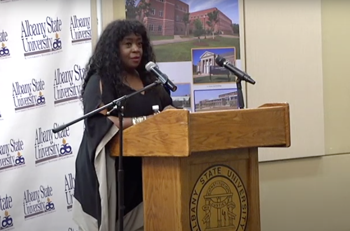 Charnele Brown giving a speech at Albany State University in 2019