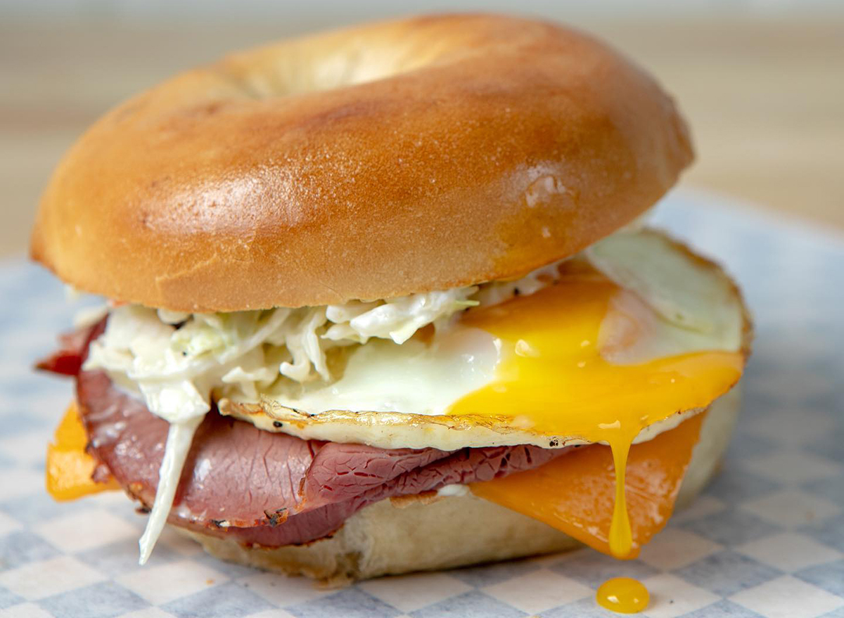 ham and egg sandwich on a plain bagel