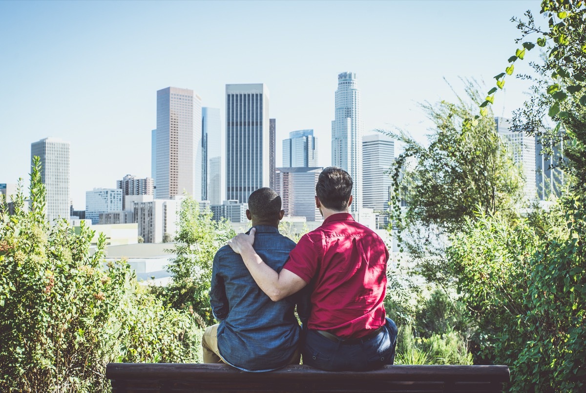 Young gay couple looking at city skyline.