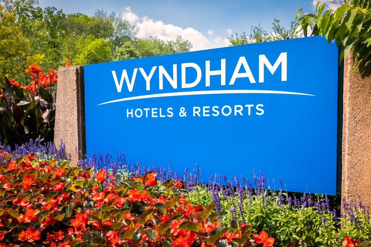 PARSIPPANY, NEW JERSEY - AUGUST 15, 2018: Wyndham Hotels and Resorts headquarters entrance sign. Wyndham Hotels and Resorts is an international hotel and resort chain based in the United States.