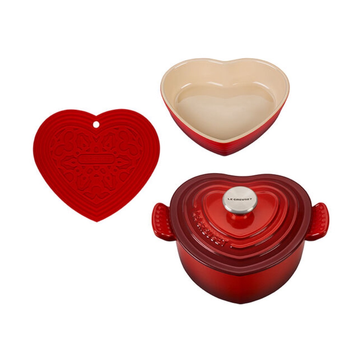 heart shaped dish with lid, heart shaped open dish, and heart shaped trivet in red