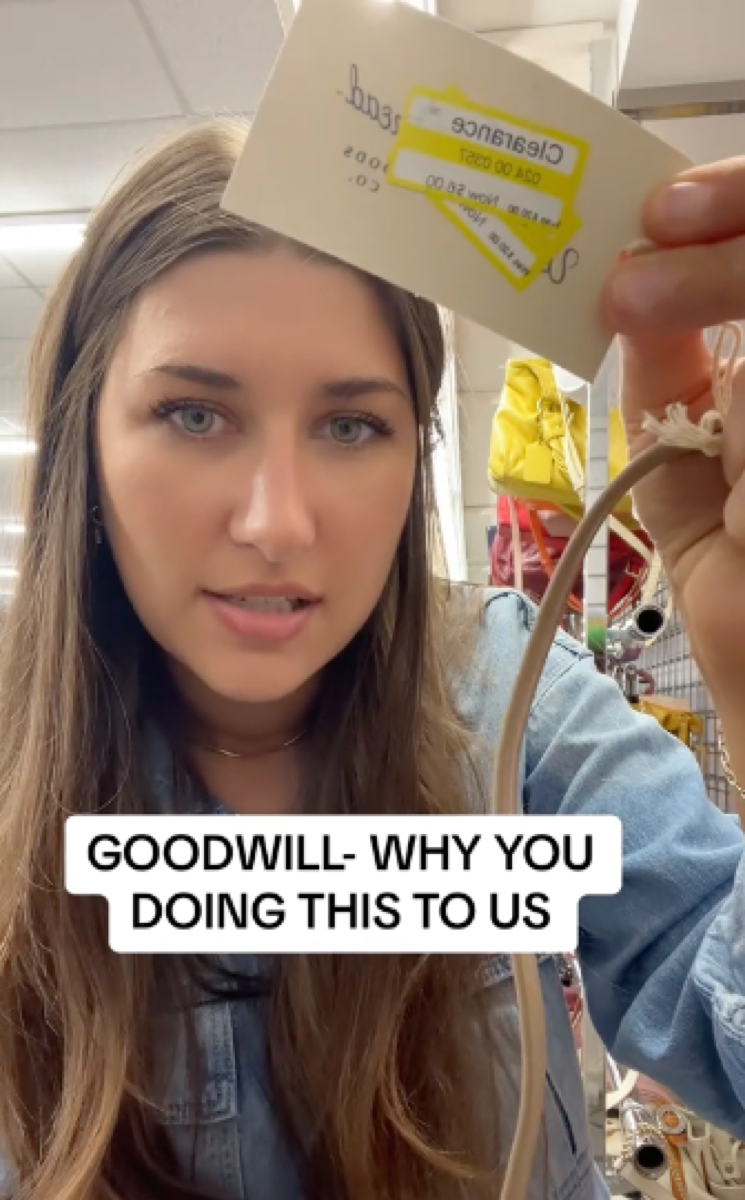 Still from Taylor Beagle's TikTok of her holding up a target price tag on a goodwill item; the caption reads 