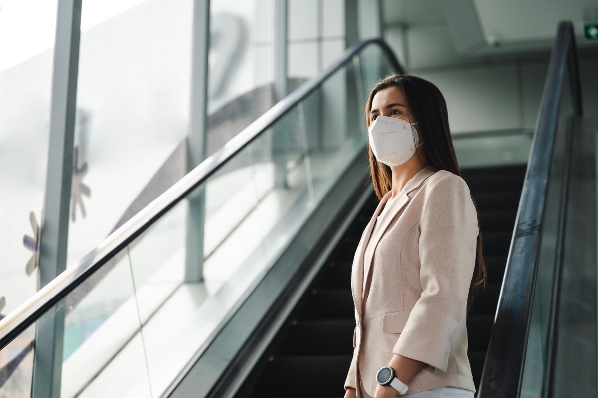 woman wearing N95 mask to protect pollution PM2.5 and virus. COVID-19 Coronavirus and Air pollution pm2.5 concept.