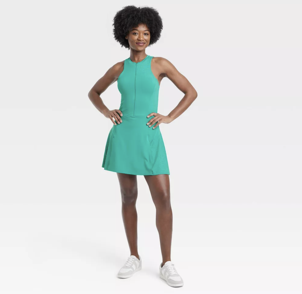 woman wearing a green active dress from Target