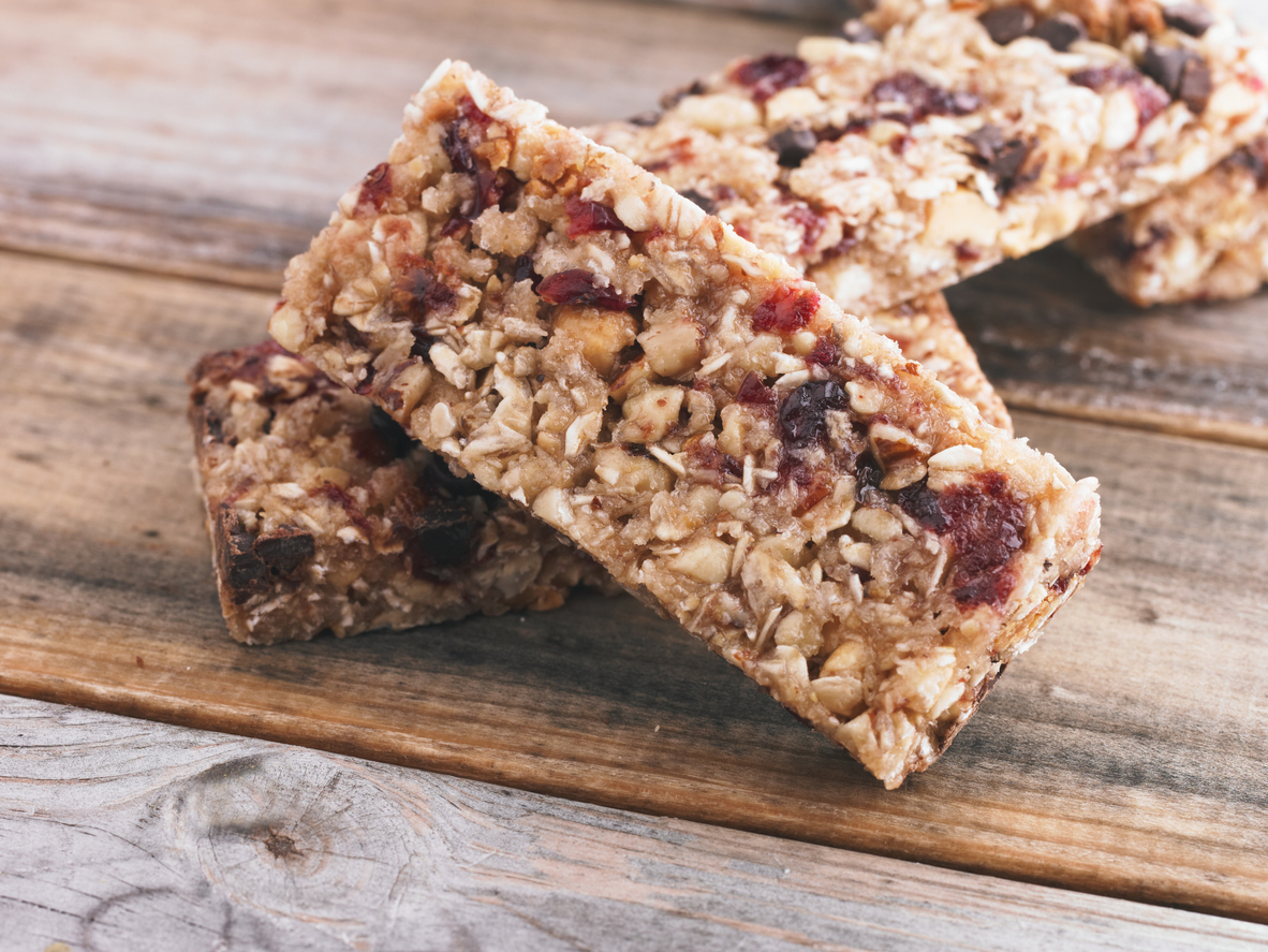 Closeup of granola bars on a wood surface