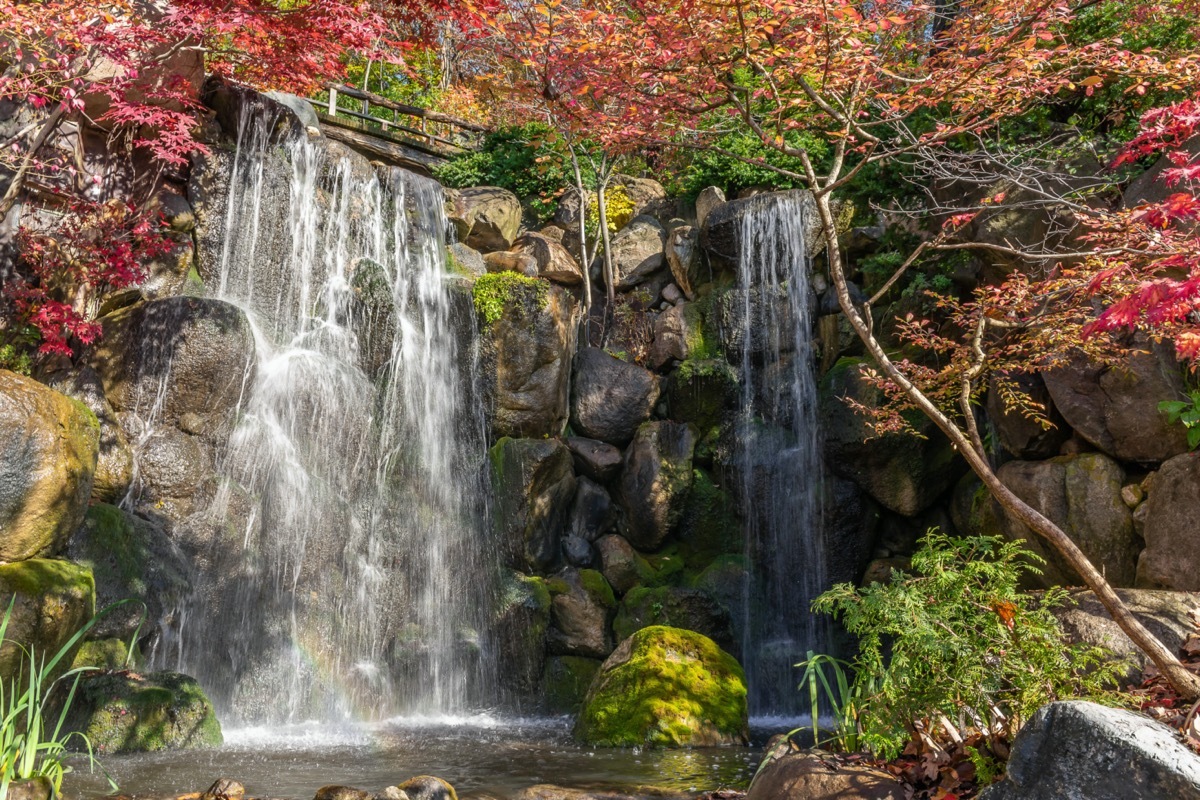 two water falls, rocks, and red and green trees in Rockford, Illinois